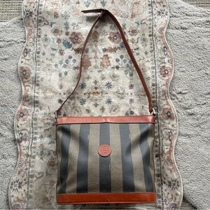 Fendi Pequin Black and Tan Striped Canvas Crossbody Bucket Bag